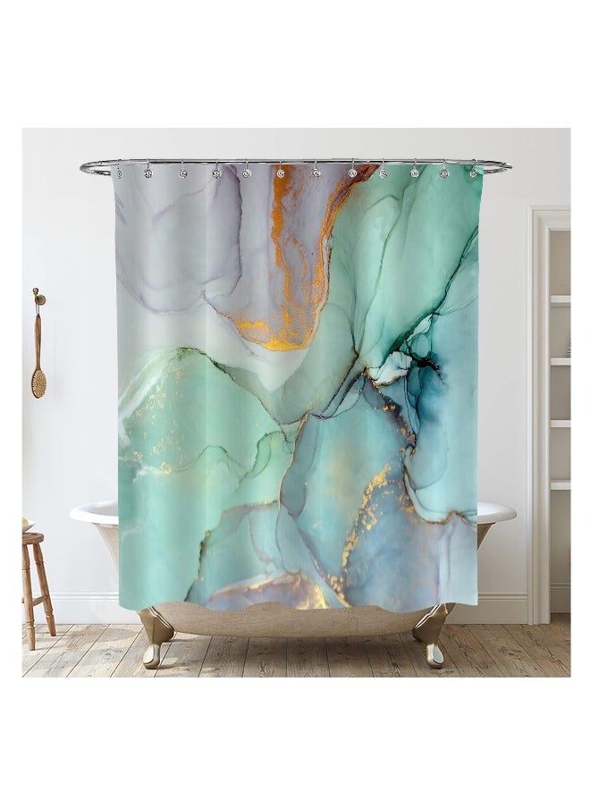 Turquoise Marble Shower Curtain - Abstract Blue Green Jade Texture with Purple and Gold Stripes - 72x72 Inch Waterproof Fabric Bathroom Curtain with Hooks