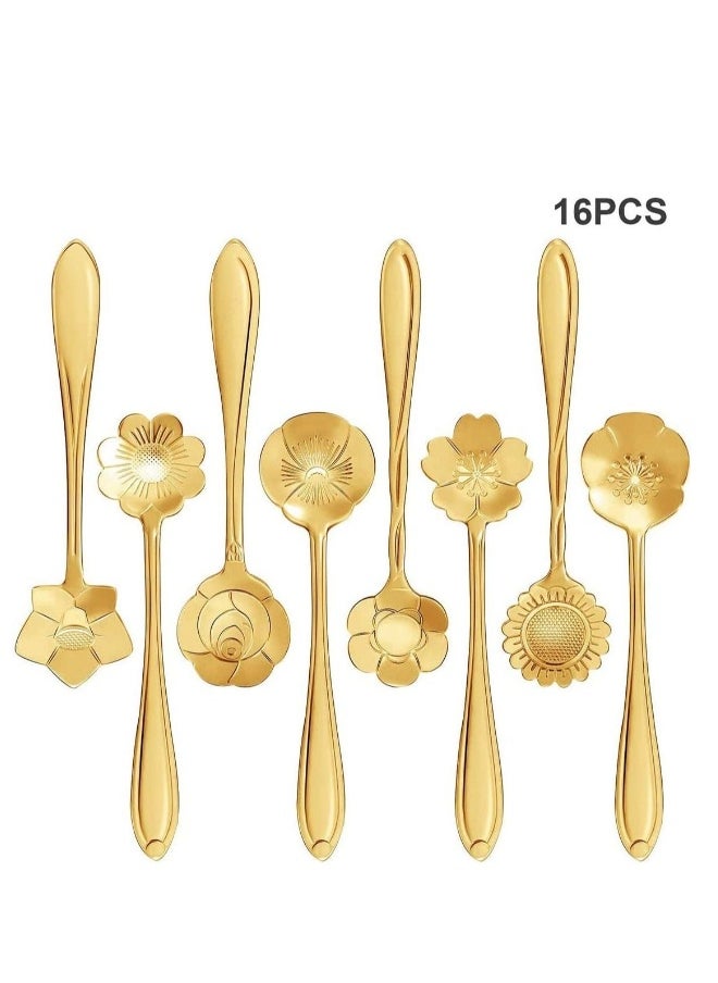 Stainless Steel Gold Leaf Coffee Spoon 16 Pcs Creative Tableware Dessert Spoons, Stirring, Mixing, Sugar, Stir, Ice Cream, Cake, Teaspoon Set (Gold-16Spoon)