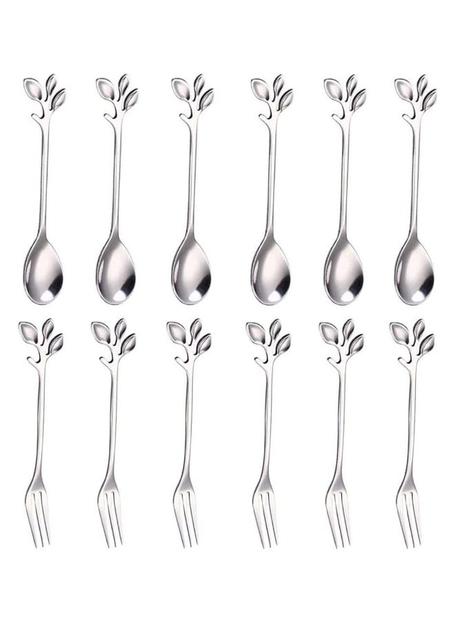 Coffee Tea Spoon, 12 Pieces Stainless Steel Dessert Tea Sugar Spoons, Stainless Steel Tea Fork, Appetizer Dessert Forks, Including 6 Spoons and 6 Forks, for Kitchen Tea Parties Coffee Shops