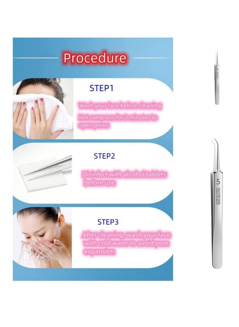 Professional Facial Blackhead Remover Tweezers,Extractor Acne Removal Kit Pimple Popper Tool, Clip for Whiteheads, Acne Clip, Ingrown Hairs Tweezers, Blackheads Remover Extractor, Stainless Steel