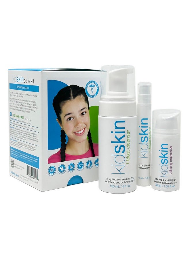 Kidskin 3-Step Acne Kit for Teens - Skincare Set Includes T-Blast Face Wash, Z-Blast Acne Serum, and Calming Face Moisturizer for Oily Skin- Complete Skin Care Set for Teen Girls, Boys & Kids