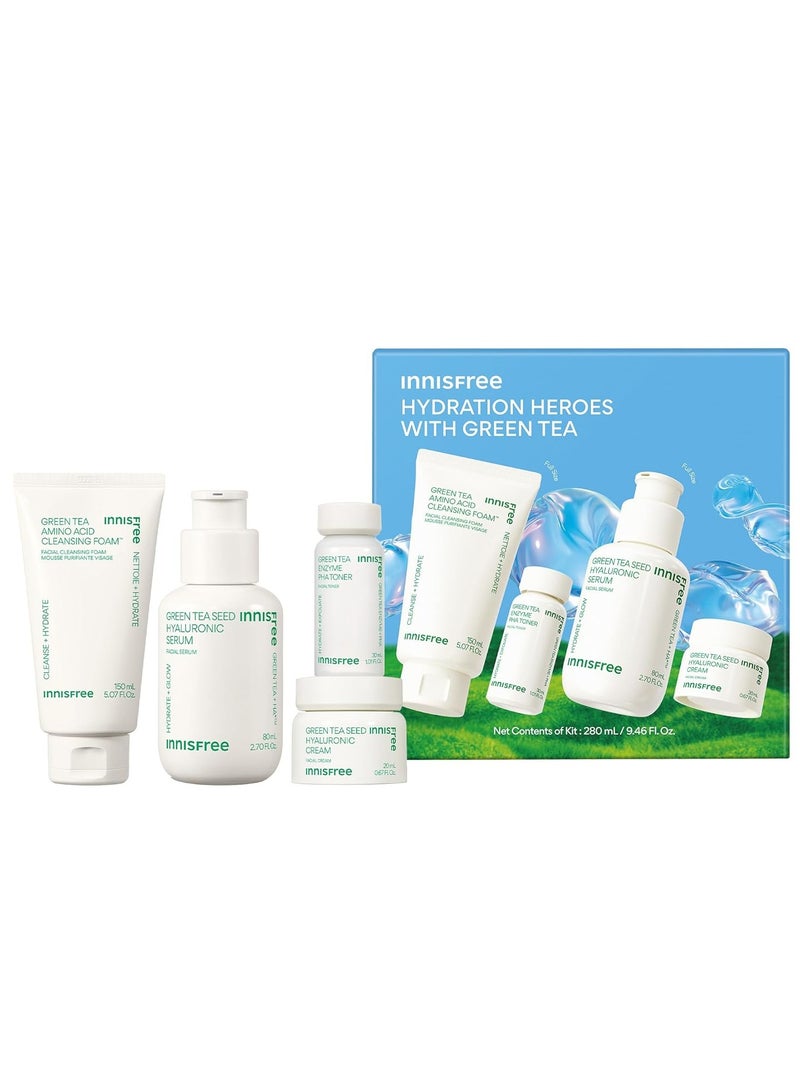 Hydration Heroes with Green Tea, Routine Kit with Korean Skincare Serum, Cleanser, Toner, and Cream (Packaging May Vary)