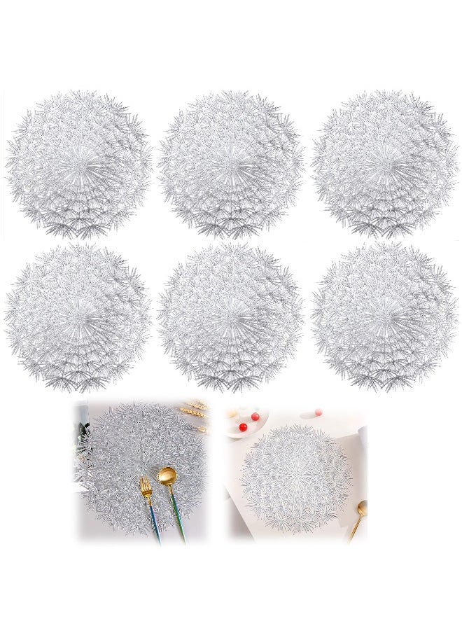 Round Placemats Set of 6 Flower Elegant Tablemats for Dining Table Holiday Wedding Decorative Vinyl Place Mats Setting Kitchen Silver