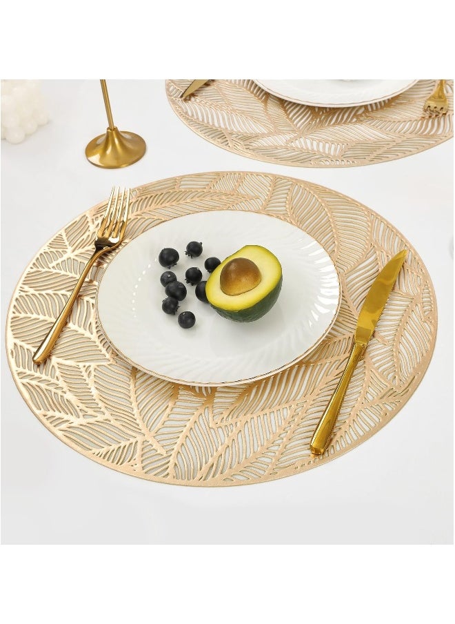 Set of 4 Pressed Vinyl Dining Table Mats, Gold Round Placemats, Leaf Placemats Non-Slip Heat Insulation Kitchen Washable Table Mats, for Wedding Party Decoration