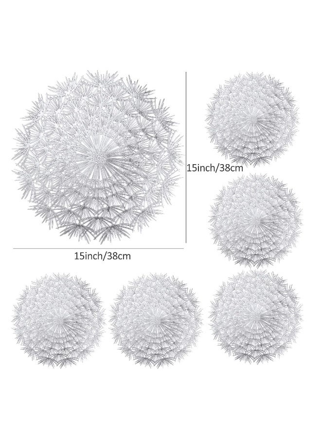 Round Placemats Set of 6 Flower Elegant Tablemats for Dining Table Holiday Wedding Decorative Vinyl Place Mats Setting Kitchen Silver