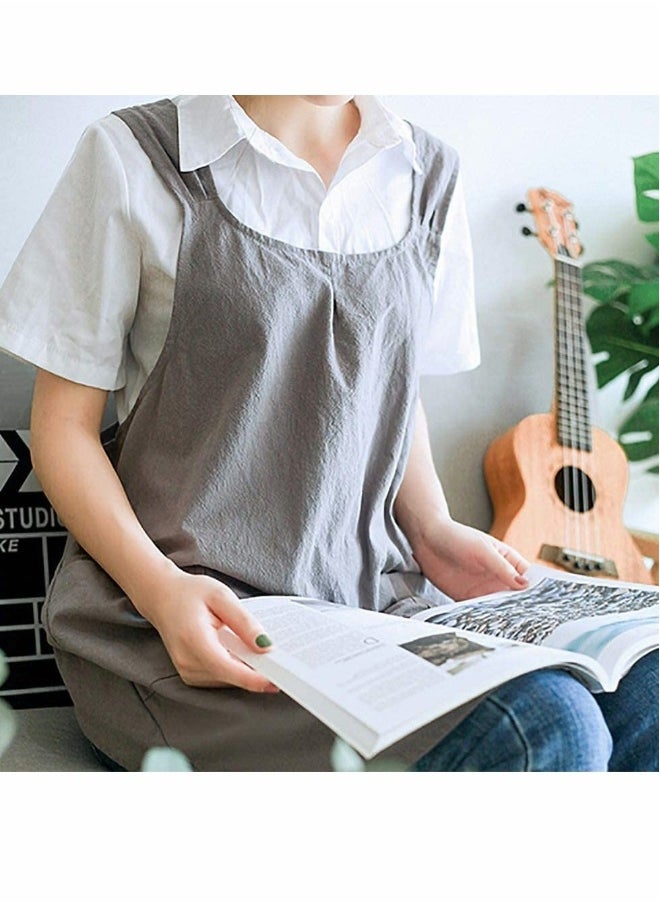 Soft Cotton Linen Apron Cross Back X-Shaped Japanese Style Pinafore Dress for Cooking, Housewarming, Daily Chores (Grey)