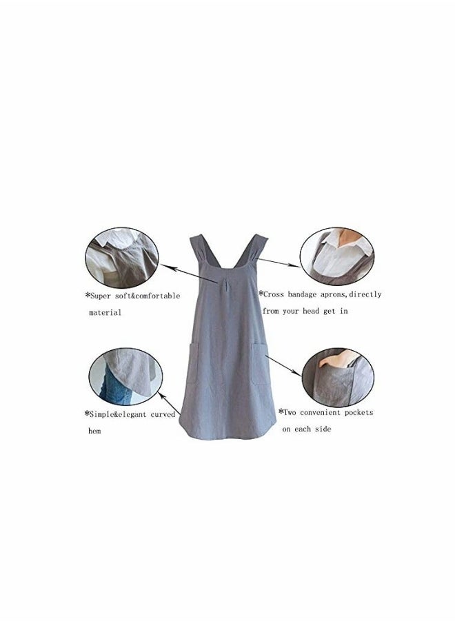 Soft Cotton Linen Apron Cross Back X-Shaped Japanese Style Pinafore Dress for Cooking, Housewarming, Daily Chores (Grey)