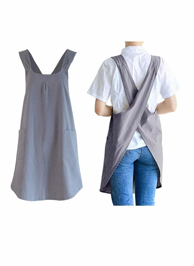 Soft Cotton Linen Apron Cross Back X-Shaped Japanese Style Pinafore Dress for Cooking, Housewarming, Daily Chores (Grey)