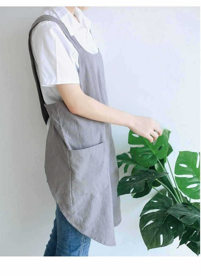 Soft Cotton Linen Apron Cross Back X-Shaped Japanese Style Pinafore Dress for Cooking, Housewarming, Daily Chores (Grey)