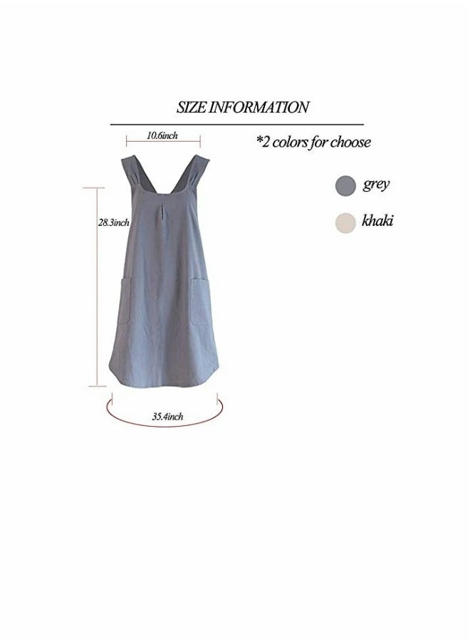 Soft Cotton Linen Apron Cross Back X-Shaped Japanese Style Pinafore Dress for Cooking, Housewarming, Daily Chores (Grey)