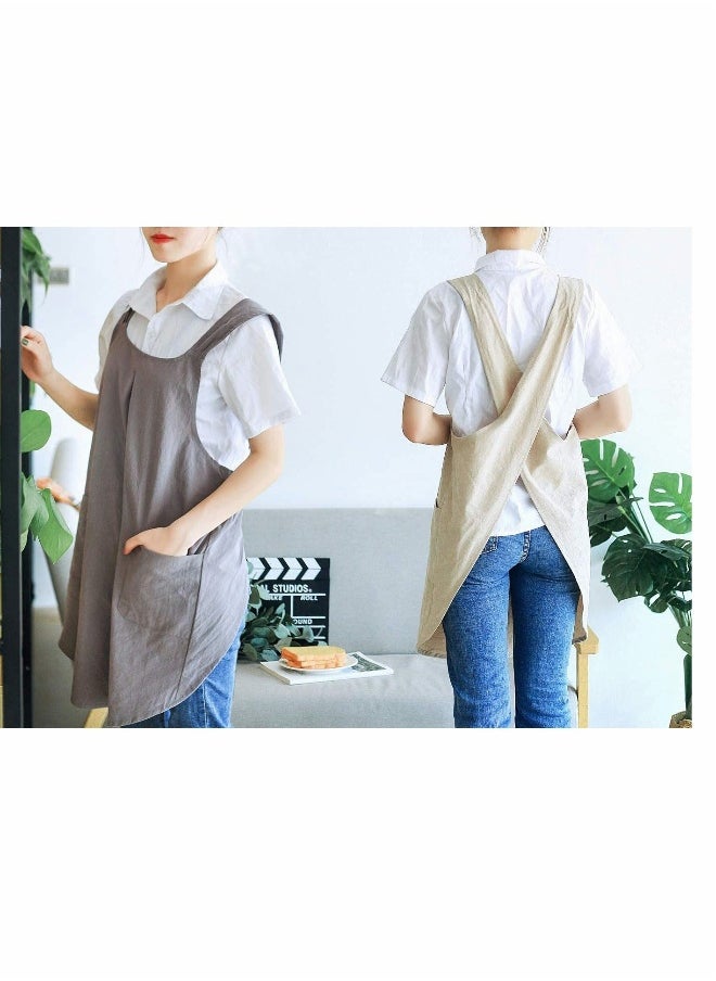 Soft Cotton Linen Apron Cross Back X-Shaped Japanese Style Pinafore Dress for Cooking, Housewarming, Daily Chores (Grey)