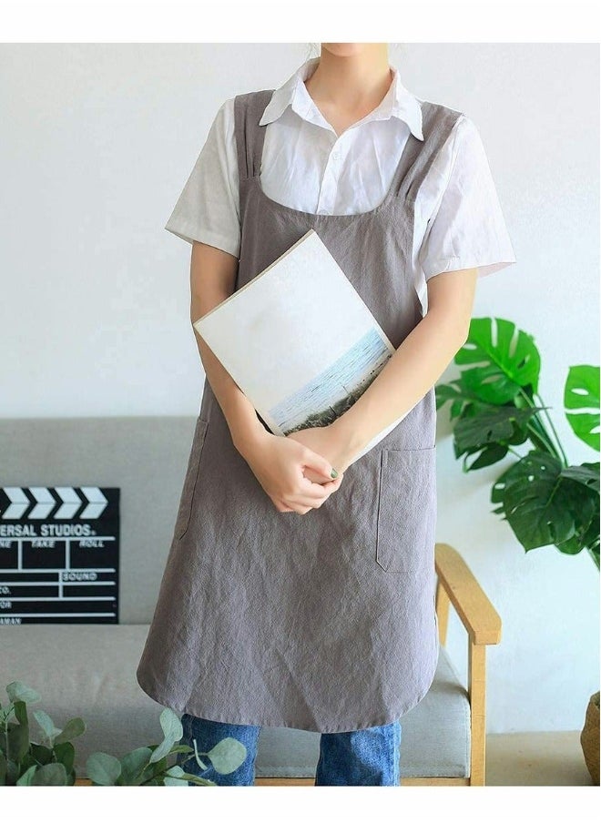 Soft Cotton Linen Apron Cross Back X-Shaped Japanese Style Pinafore Dress for Cooking, Housewarming, Daily Chores (Grey)