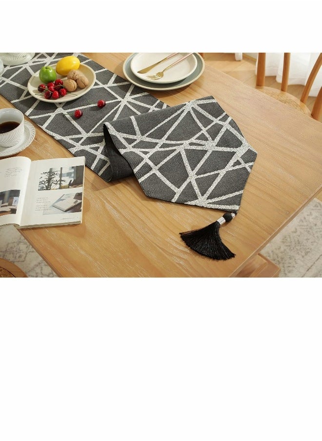 Table Runner, Boho Runners 72 inches Long, Modern AB Side Linen Black and Mineral Gray with Tassels, Holiday Coffee Farmhouse Style for Dining Room