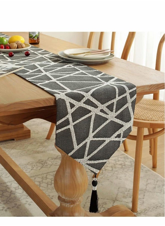 Table Runner, Boho Runners 72 inches Long, Modern AB Side Linen Black and Mineral Gray with Tassels, Holiday Coffee Farmhouse Style for Dining Room