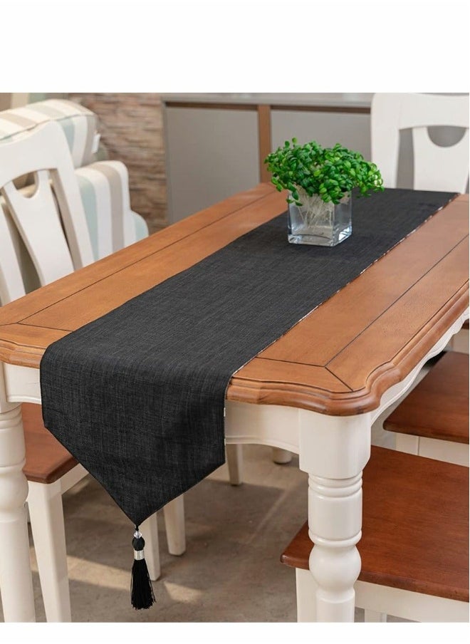 Table Runner, Boho Runners 72 inches Long, Modern AB Side Linen Black and Mineral Gray with Tassels, Holiday Coffee Farmhouse Style for Dining Room