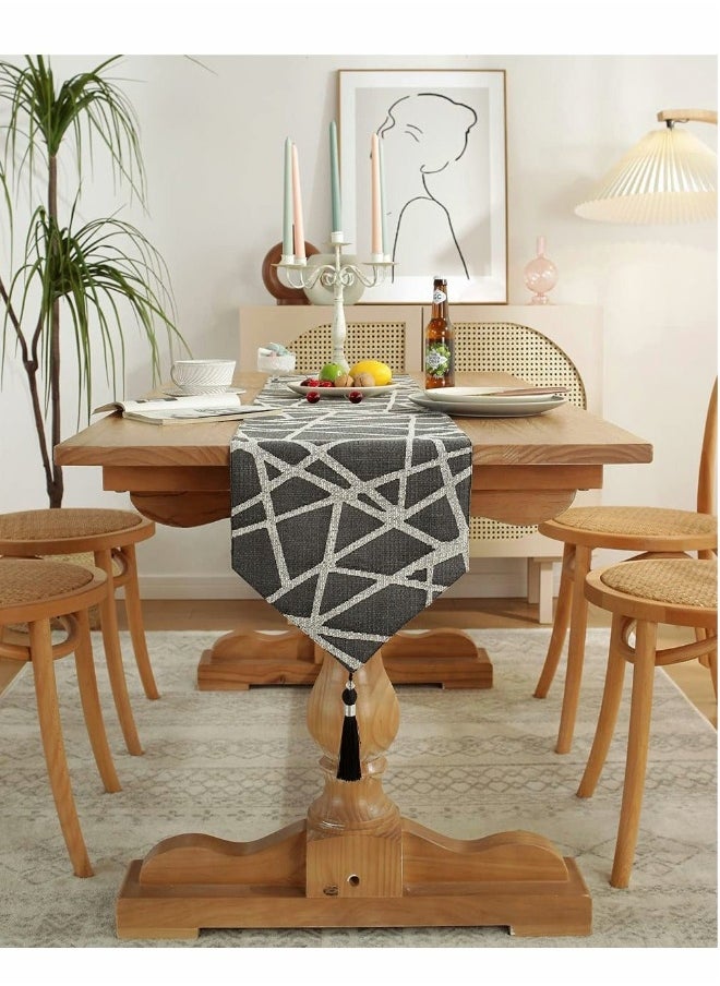 Table Runner, Boho Runners 72 inches Long, Modern AB Side Linen Black and Mineral Gray with Tassels, Holiday Coffee Farmhouse Style for Dining Room