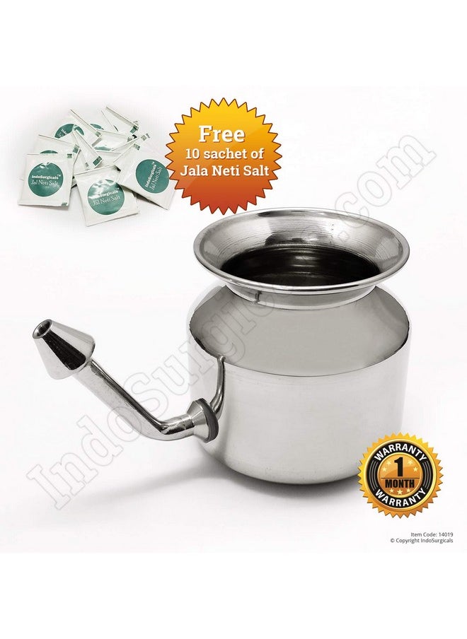 Stainless Steel Ayurvedic Jala Neti Pot For Sinus Congestion With 10 Sachet Of Salt Plus