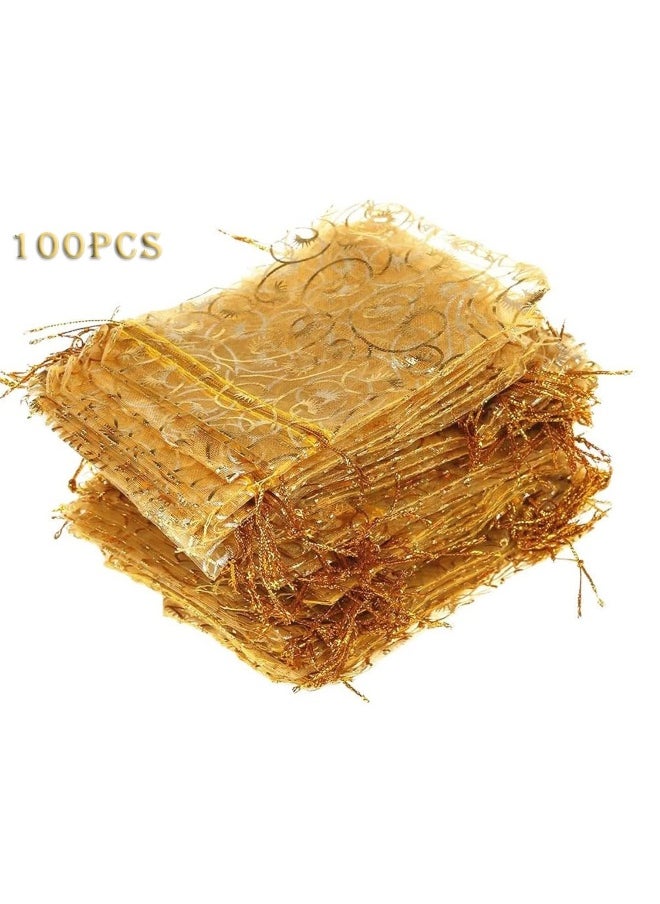 100PCS Mini Sheer Organza Bags Champagne Eyelash Organza Bags, Drawstring Chic Gift Beauty Bags, Wedding Favor Bags Candy Jewelry Gift Bags 10 * 15cm Gold