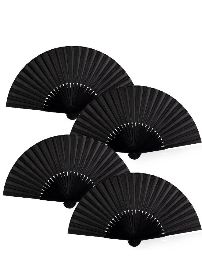 4 Pieces Folding Hand Fan, Black Silk Fabric Bamboo Ribs Hand Held, Chinese Japanese Vintage Silk Fans Fan for Wedding, Dancing, Church, Party, Gift Gift, DIY Creating