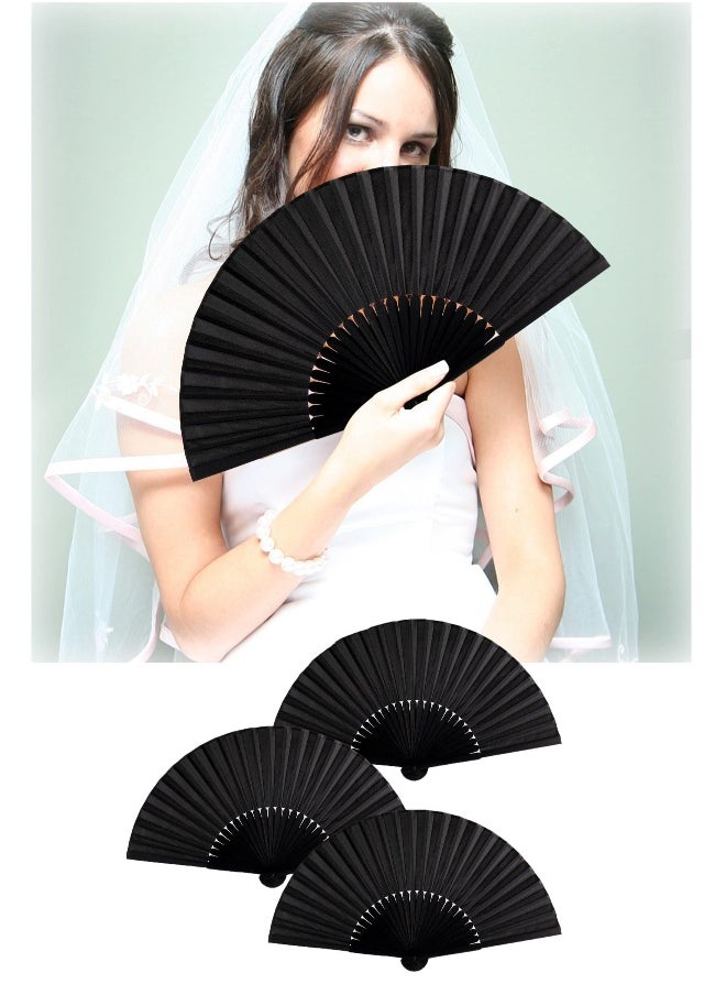 4 Pieces Folding Hand Fan, Black Silk Fabric Bamboo Ribs Hand Held, Chinese Japanese Vintage Silk Fans Fan for Wedding, Dancing, Church, Party, Gift Gift, DIY Creating