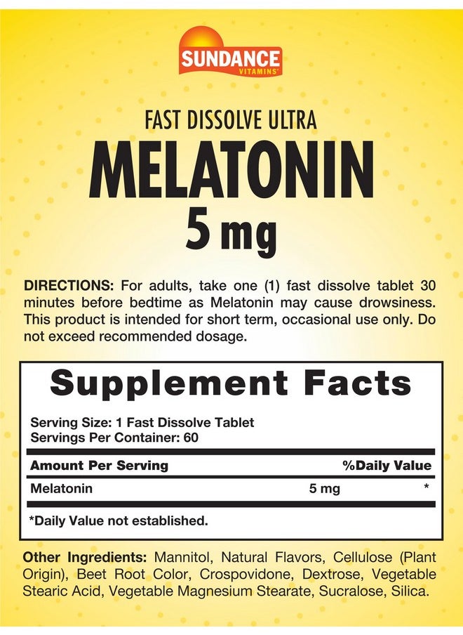 Sundance Melatonin 5mg Fast Dissolve Tablets | 60 Count | Natural Berry Flavor | Vegetarian, Non-GMO, and Gluten Free Supplement