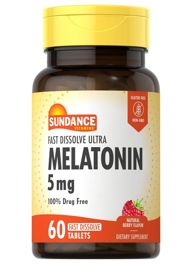 Sundance Melatonin 5mg Fast Dissolve Tablets | 60 Count | Natural Berry Flavor | Vegetarian, Non-GMO, and Gluten Free Supplement