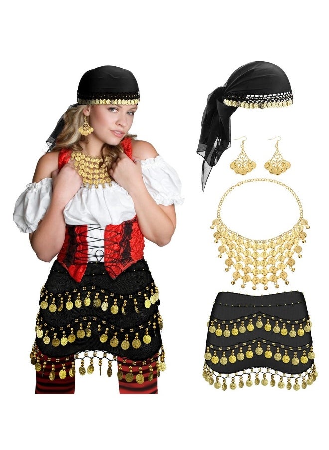 Gypsy Pirate Costume Accessories for Women, Belly Dance Head Scarf Earring Necklace Hip Scarf Jewelry, 4 Pcs