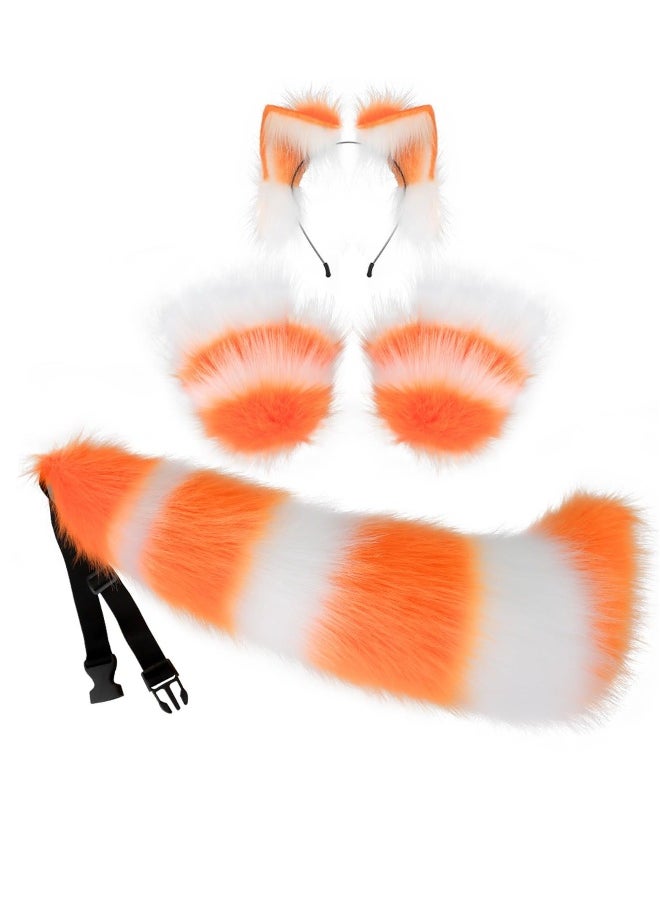 Faux Fur Cat Ears and Wolf Fox Tail Set, Cosplay Costume Faux Fur Hair Clip Headdress Anime Cosplay Party (Orange)