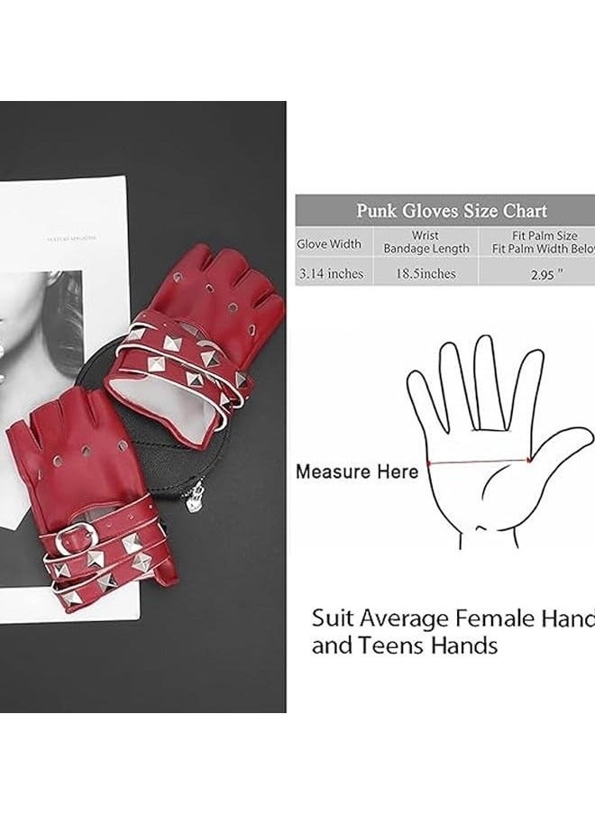 Half Finger Gloves, PU Leather Performance Gloves, Women Heart Cutout Punk Half Finger Gloves, Dance Glove Performance Costume Style Glove (Red)