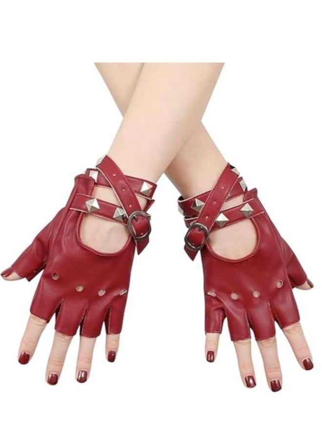 Half Finger Gloves, PU Leather Performance Gloves, Women Heart Cutout Punk Half Finger Gloves, Dance Glove Performance Costume Style Glove (Red)