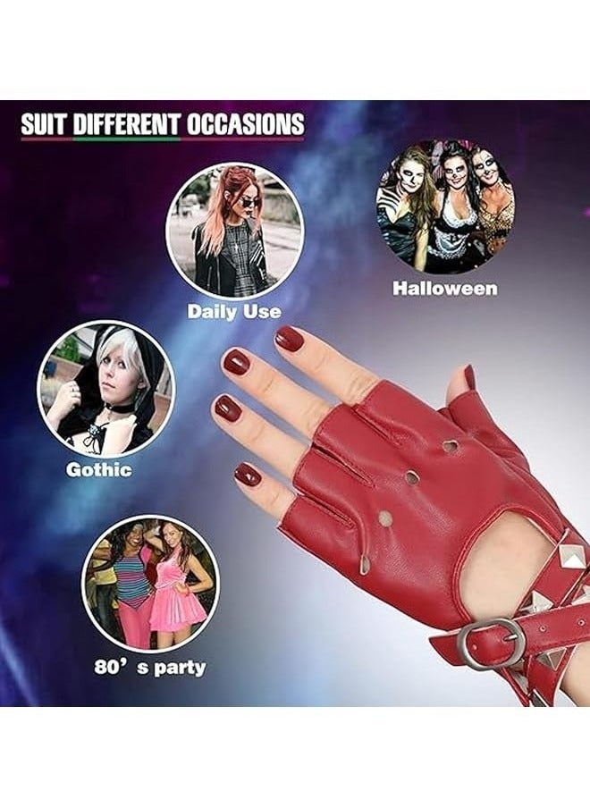 Half Finger Gloves, PU Leather Performance Gloves, Women Heart Cutout Punk Half Finger Gloves, Dance Glove Performance Costume Style Glove (Red)