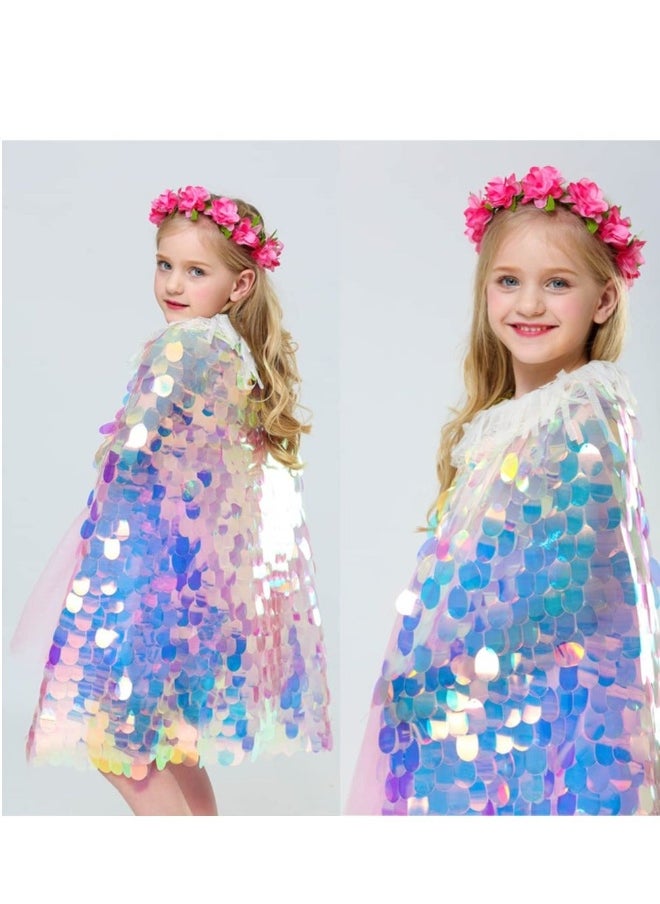 Rainbow Princess Cape for Girls - Children's Ribbon Simulation Wreath, Beach  Headwear, Dress Up Accessories 5T-8Y, Mermaid Sequin Cloak - Kids Party Clothes 2PCS