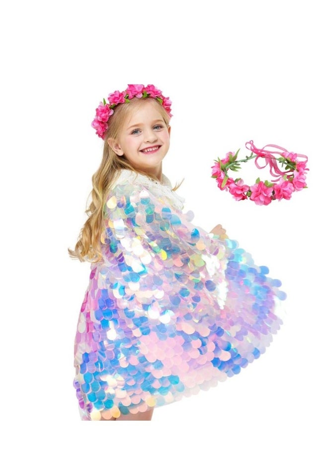 Rainbow Princess Cape for Girls - Children's Ribbon Simulation Wreath, Beach  Headwear, Dress Up Accessories 5T-8Y, Mermaid Sequin Cloak - Kids Party Clothes 2PCS