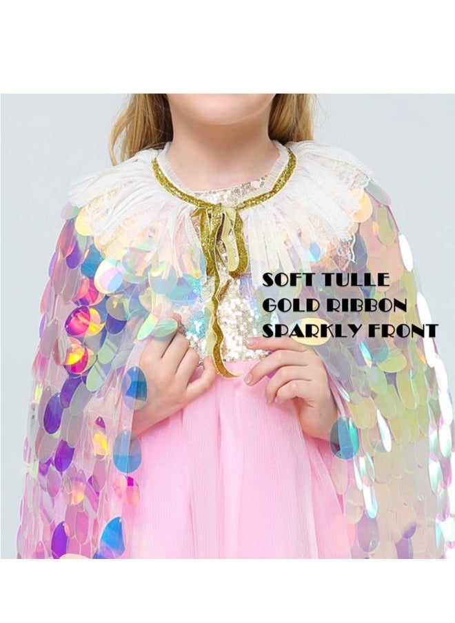 Rainbow Princess Cape for Girls - Children's Ribbon Simulation Wreath, Beach  Headwear, Dress Up Accessories 5T-8Y, Mermaid Sequin Cloak - Kids Party Clothes 2PCS