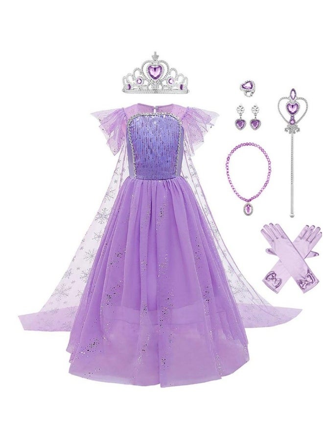 Girls Snow Queen Princess Fancy Dress Up Sequin Tulle Long Dress with Accessories for Kids  Birthday Party Carnival Cosplay 7-8 Years 51.0