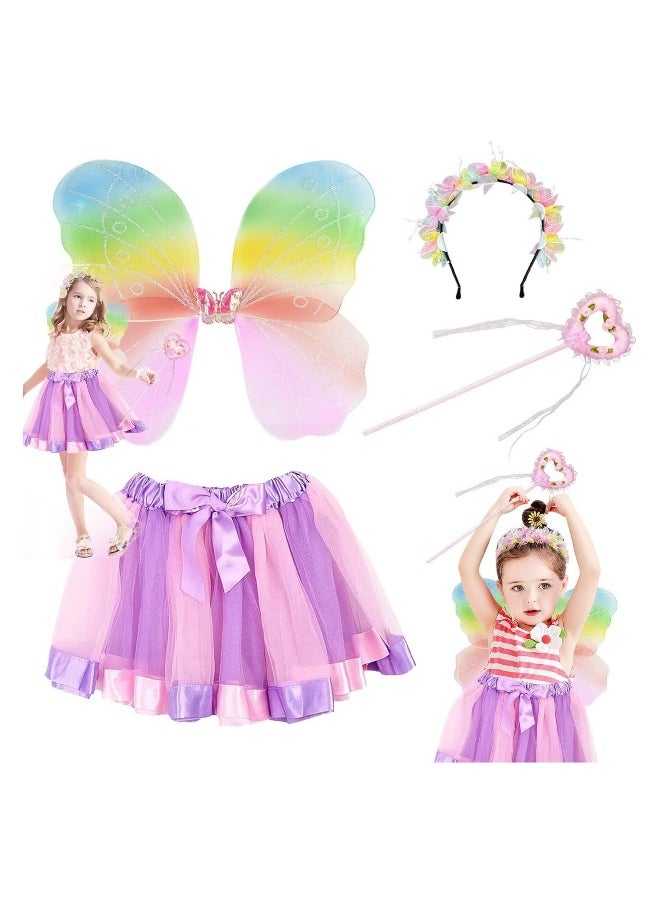 Fairy Wings Costume Kids, 4 Pieces Costume Dress Princess Headband Butterfly Wing Magic Wand Tutu Skirt for Fancy Dressing up Clothes for Women Girls Carnival Party