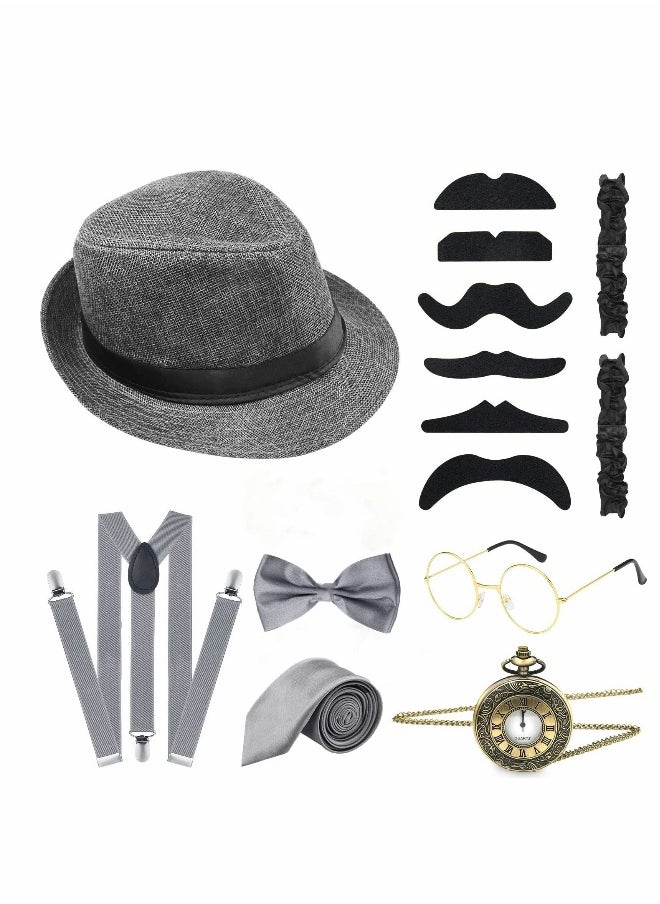 14 Pieces 1920s Men Costume Accessories Set Roaring Retro Gangster Costume, Hat, Bow Tie, Pocket Watch, Suspender, Glasses, Beard, Armband Garters, Pocket Watch