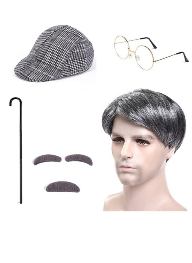 Old Man Costume for Kids, 6 Pcs Old Man Costume, Old Man Wig, with Flat Cap, Glasses, Toy Crutch and Eyebrow Mustache Stickers, for 100th Day of School, Grandpa Cosplay