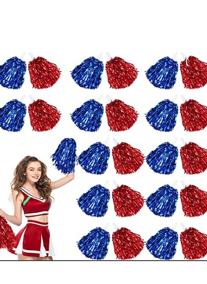 24 Pcs Cheerleading Pom Poms, Cheer Pom Poms Dance Pom Poms Fluffy Pom Poms Cheer Metallic Strips With Plastic Handle for Sports Matches, Stage Performance, Holiday Celebrate