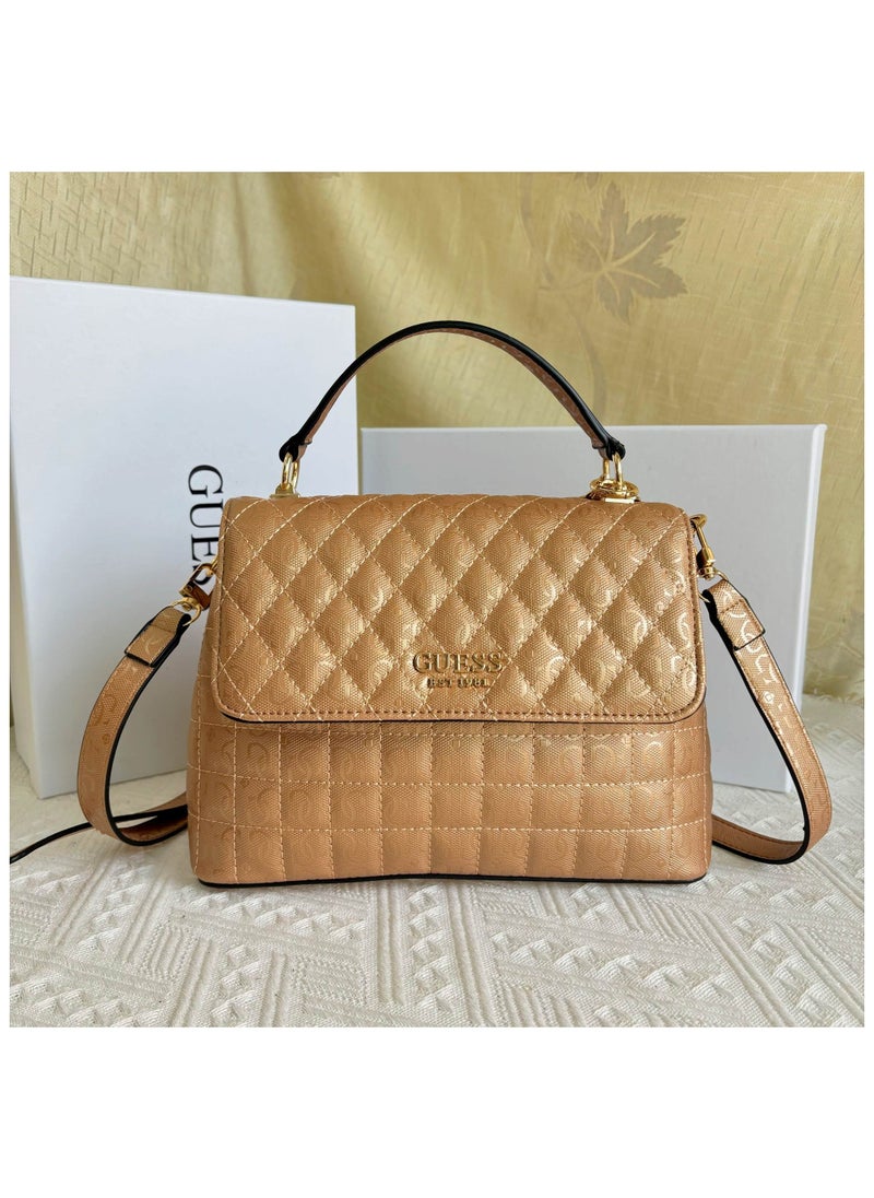 Women's Gold Double-layer Diamond Lattice Flap Bag Shoulder Handbag 26×9×17.5CM