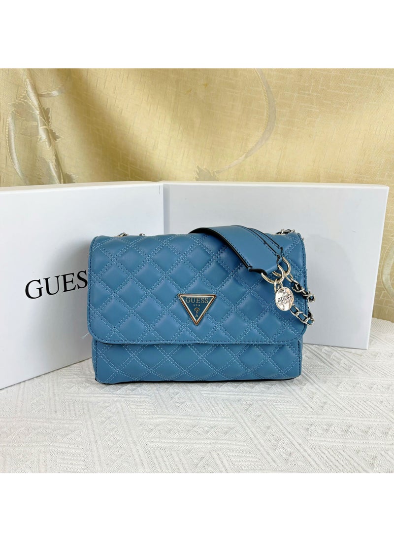 Women's Blue Double-layer Diamond Lattice Flap Bag One-shoulder 23×7.5×17cm