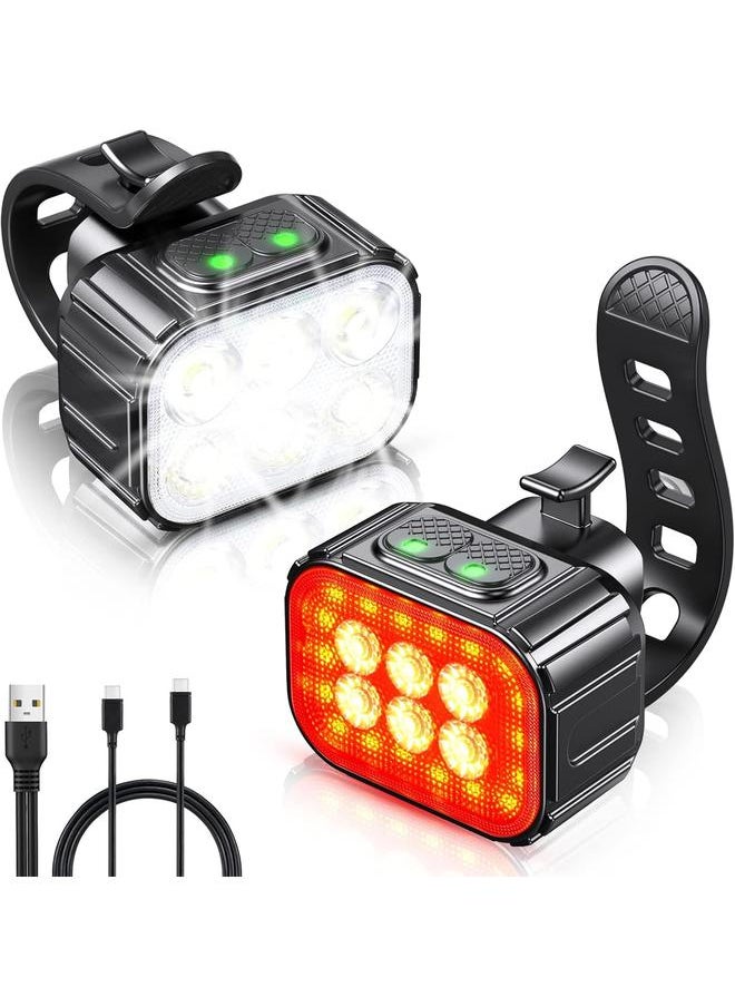 Bike Lights Set Ultra Bright, bluejw Bicycle Light Rechargeable with 6 Spot & Flood Beams, IP65 Waterproof Bike Lights for Night Riding, DIY 4X4 + 6X6 Modes Bike Headlight and Tail Light Reflectors