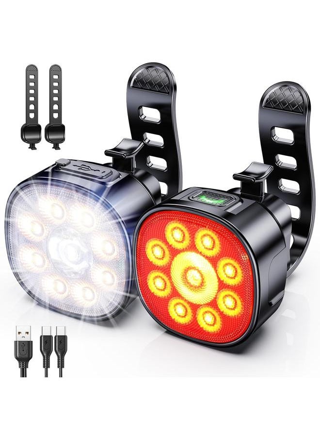 Bike Lights [8+7 Modes], USB Rechargeable Bike Lights Front and Back, Ultra Bright with Spotlight & Floodlight, IP65 Waterproof Bicycle Lights for Road Mountain Day/Night Cycling Safety