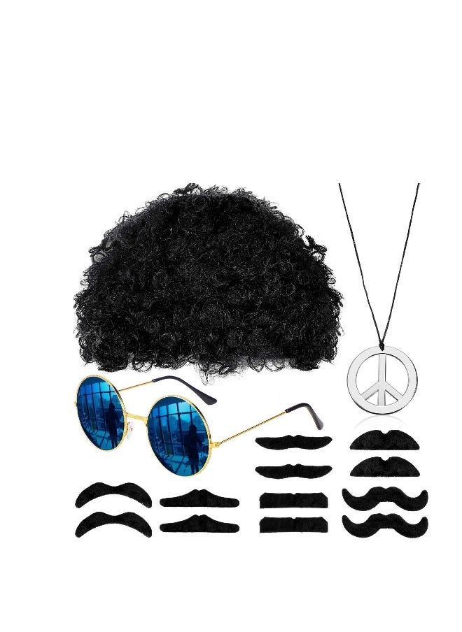 Wig Men, 70s Black Wig for Men with Glasses Chain and Mustache Mens Short Black Curly Disco Costume Wigs 70's 80s Hippie Rocker Funny Cosplay Synthetic Wigs for   Party