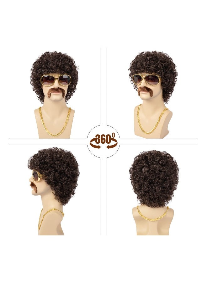 Men Wigs Short Brown Curly Afro Wig for Men 70s Disco Costume Wig With Glasses Necklace Mustache and Wig Cap Natural Fluffy Synthetic hair Wig