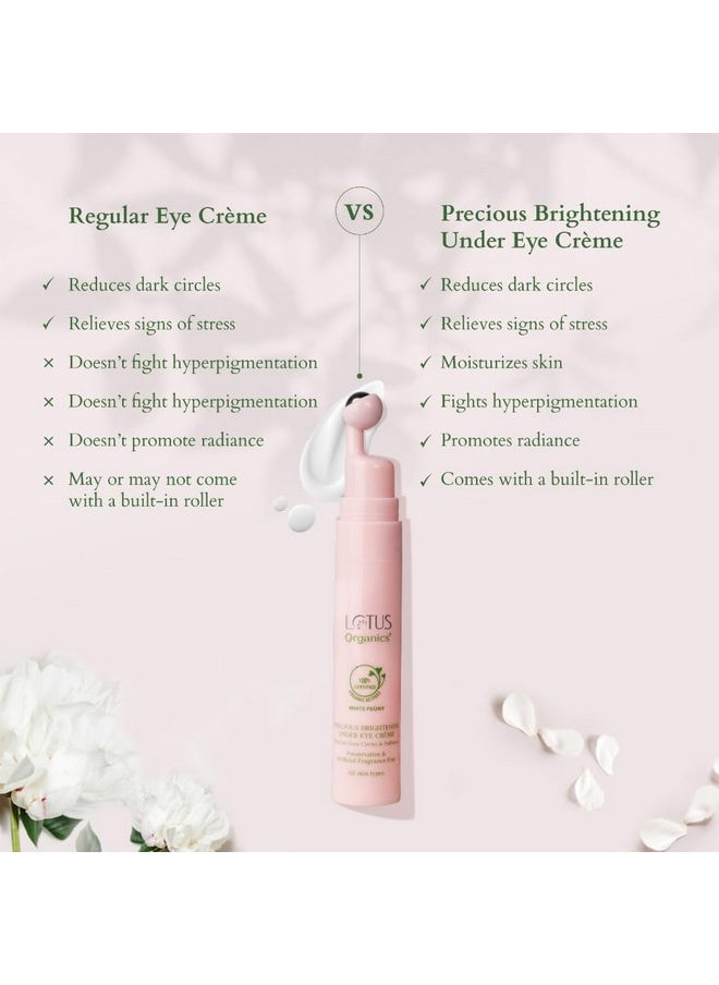 Precious Brightening Under Eye Cream | With Cooling Massage Roller | Reduces Puffiness & Dark Circles | Preservative Free | Sulphate & Paraben Free | All Skin Types | 15G