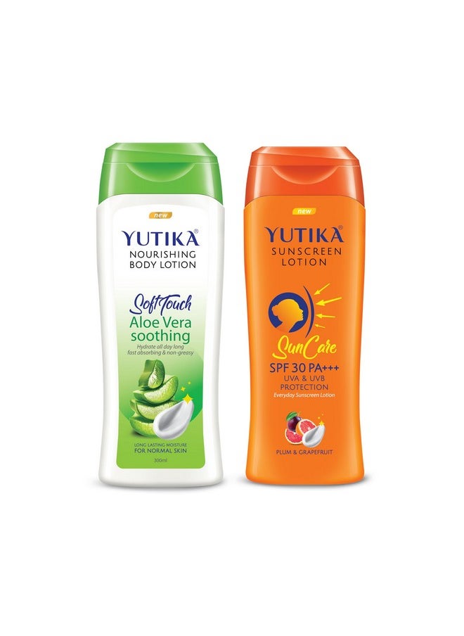 Aloe Vera Body Lotion 300Ml With Sunscreen Lotion 100Ml, Sunscreen Spf 30 Pa+++ With Uva & Uvb Protection, Nourishing Body Lotion For Women & Men