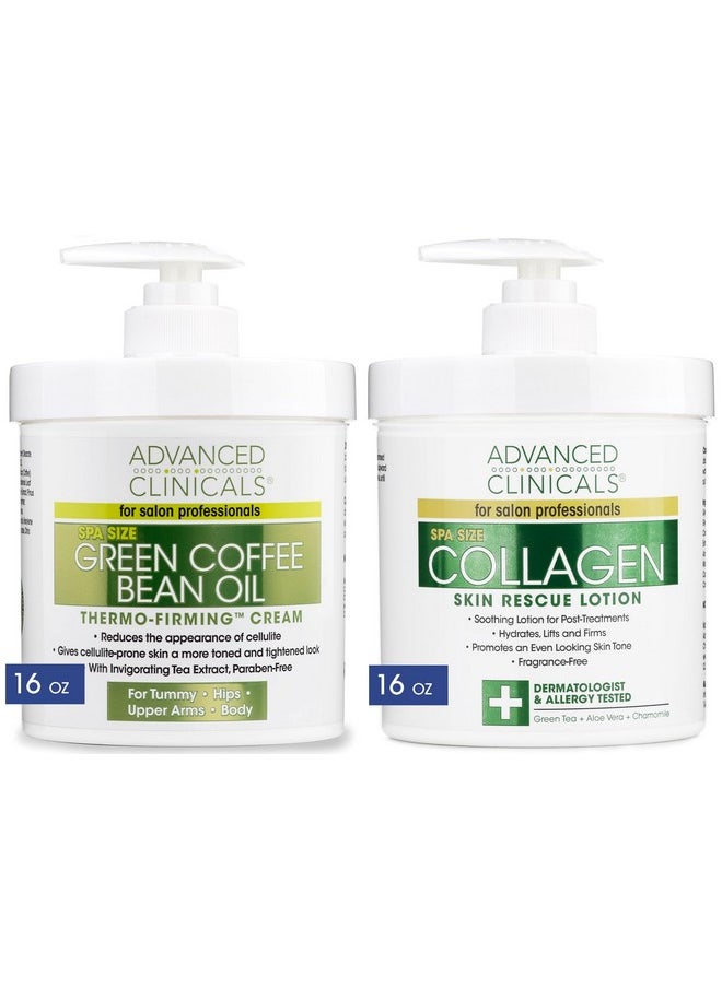 Collagen Firming Cream + Green Coffee Bean Oil Cellulite Body Lotion Moisturizer Skin Care Set, Anti Aging Firming & Tightening Dry Skin Rescue Face & Body Cream Set, 16Oz (2-Pack)