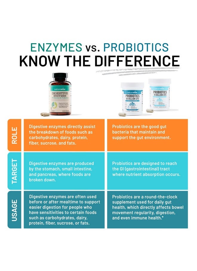 NatureWise Digestive Enzymes - Multi Enzymes with Probiotics + Prebiotics - Bromelain + Papaya Enzyme for Digestion of Carbs, Fats, Proteins, & Fiber - Soy-Free, Non-GMO - 60 Capsules[1-Month Supply]