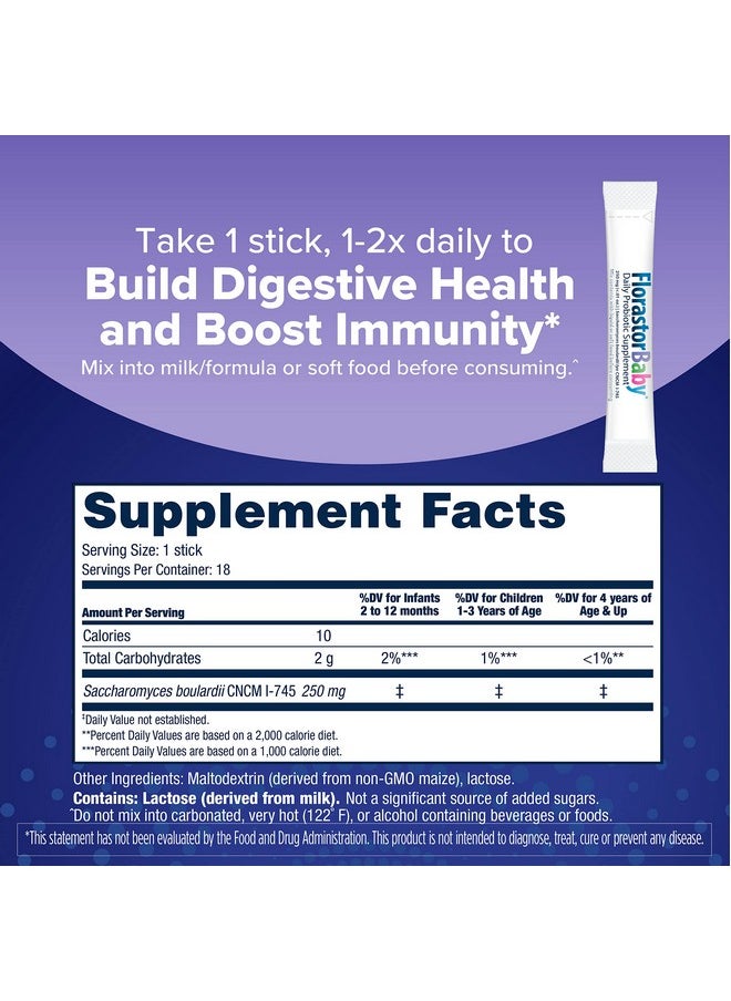 Florastor Baby Daily Probiotic Supplement, Powder Mixes with Milk, Formula or Soft Foods, Saccharomyces Boulardii CNCM I-745 (18 Powder Sticks)